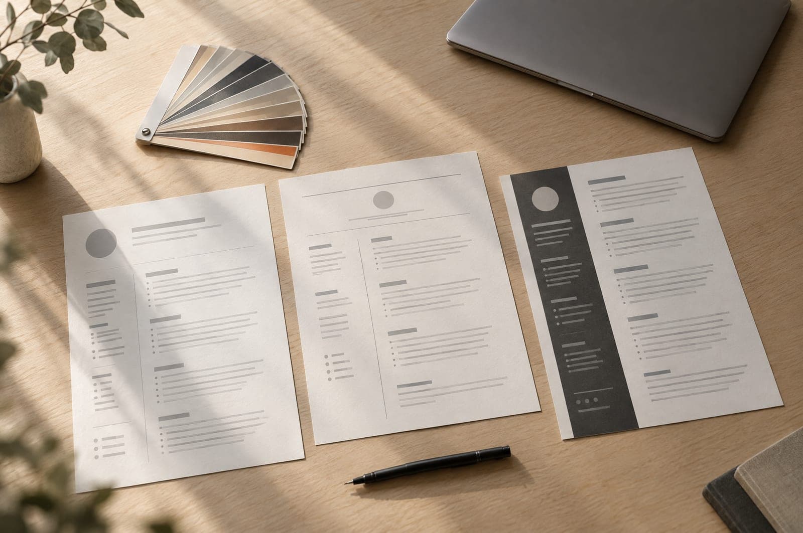 Three printed CV layouts on an oak desk beside a colour swatch fan and a closed laptop