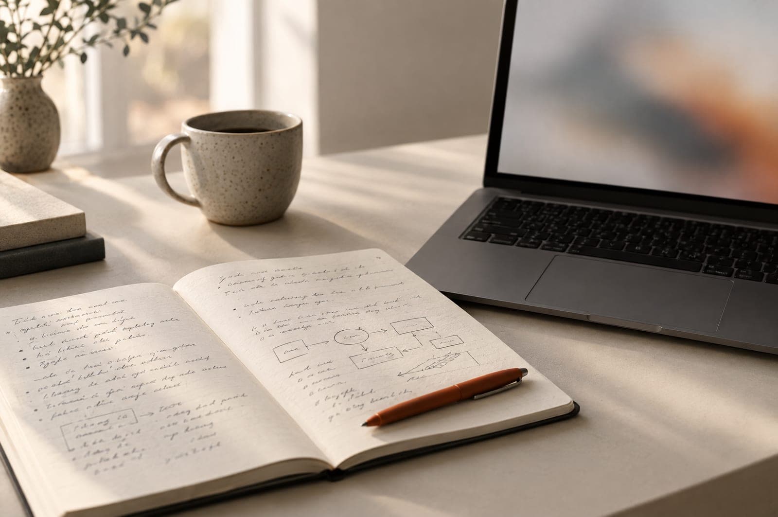 An open notebook of handwritten project notes beside a laptop in morning light