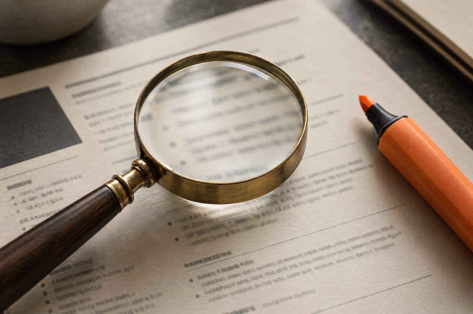 A brass magnifying loupe resting on a printed CV beside an orange highlighter
