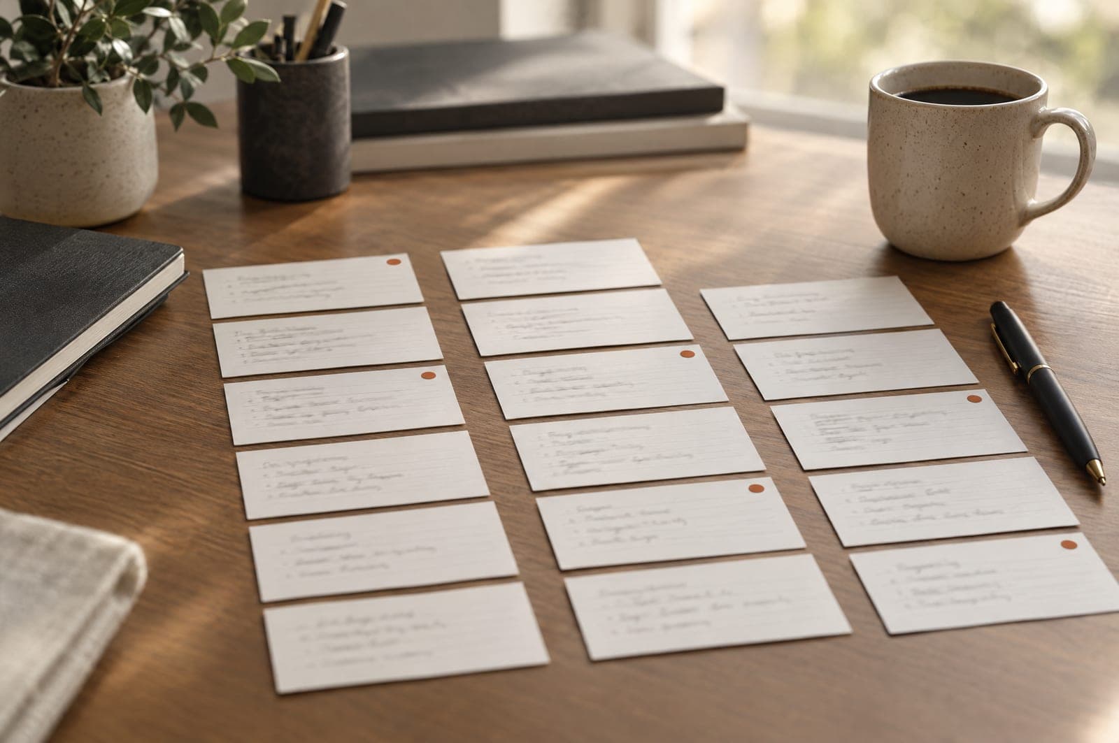 Index cards laid out in columns on a desk like a job search planning board