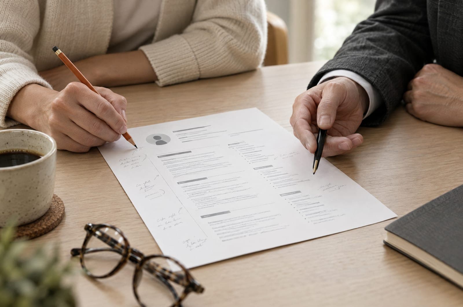 Two people reviewing a printed CV draft together, one making margin notes with an orange pencil