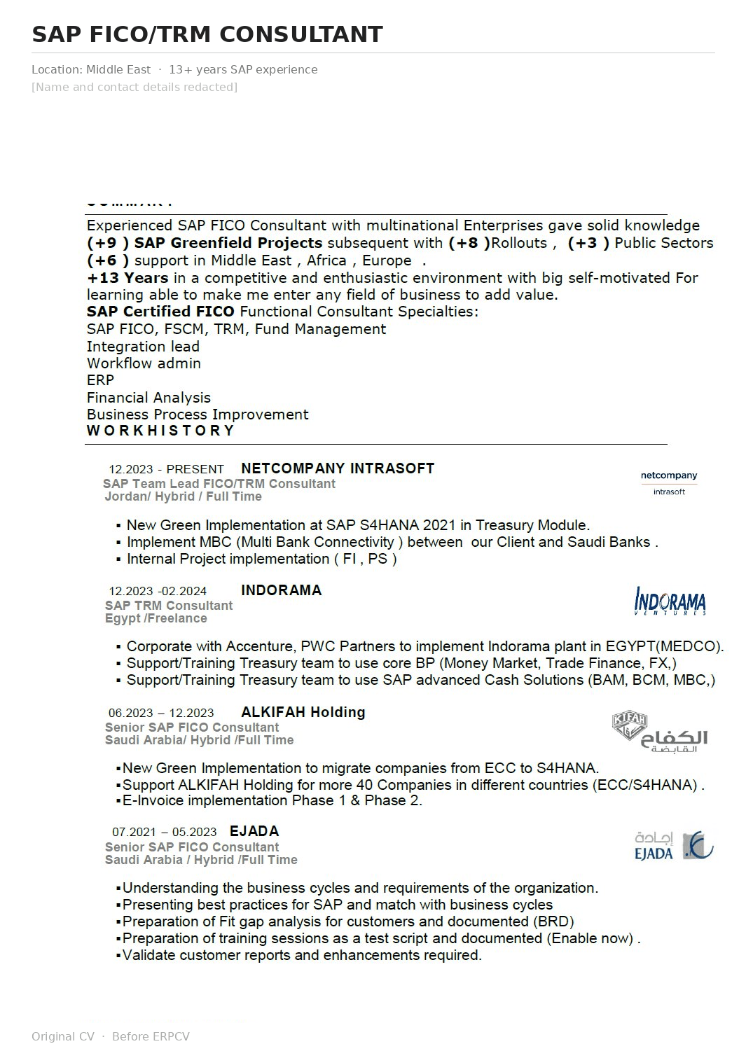 CV before ERPCV